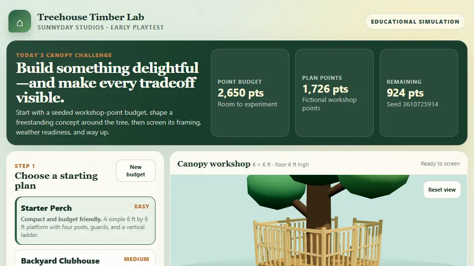 A freestanding treehouse concept beside budget and screening controls in Treehouse Timber Lab